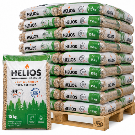 HELIOS Holzpellets – 65 × 15 kg Palette (975 kg) – 100 % Nadelholz, staubarm