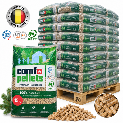 Comfo Holzpellets – 65 × 15 kg Palette (975 kg) – 100 % Nadelholz, ENplus A1 & DINplus & PEFC