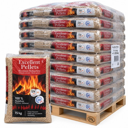 Excellent Holzpellets – 77 × 15 kg Palette (1.155 kg) – 100 % Nadelholz, ENplus A1 & DINplus