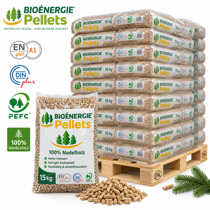 Bio Energie Holzpellets – 66 × 15 kg Palette – 100 % Nadelholz, ENplus A1 & DINplus & PEFC