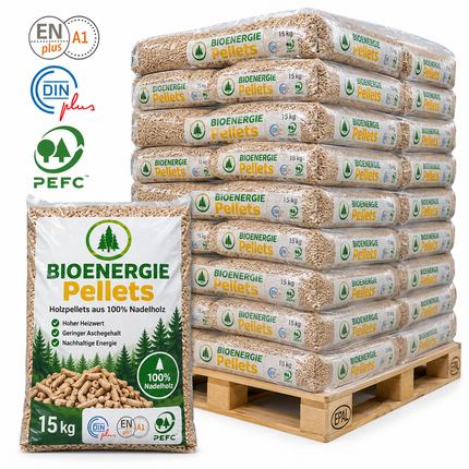 Bio Energie Holzpellets – 66 × 15 kg Palette – 100 % Nadelholz, ENplus A1 & DINplus & PEFC