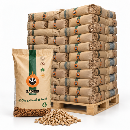 Badger Holzpellets – 65 × 15 kg Palette (975 kg) – 100 % Nadelholz