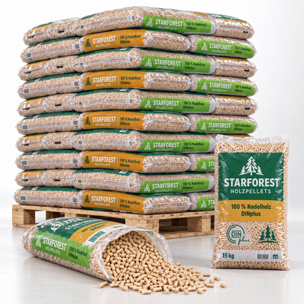 Starforest Holzpellets – 70 × 15 kg Palette (1.050 kg) – 100 % Nadelholz, DINplus