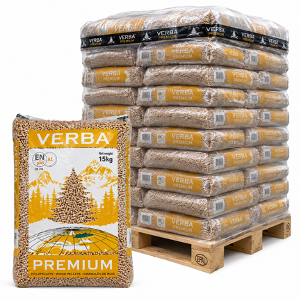 Verba Premium Holzpellets – 70 × 15 kg Palette (1.050 kg) – 100 % Nadelholz, ENplus A1