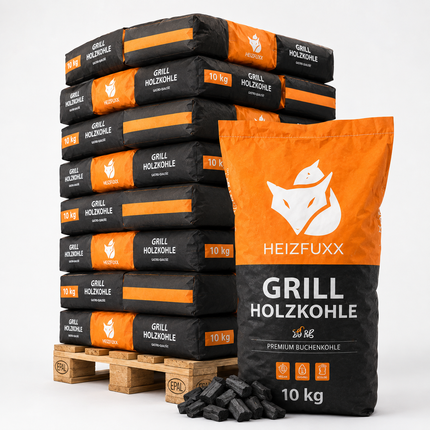 Heizfuxx Grillholzkohle in Gastro-Qualität 10kg x 36 Sack 360kg Palette