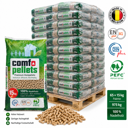 Comfo Holzpellets – 65 × 15 kg Palette (975 kg) – 100 % Nadelholz, ENplus A1 & DINplus & PEFC