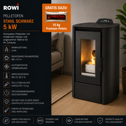 Rowi Pelletofen Stahl Schwarz 5 kW