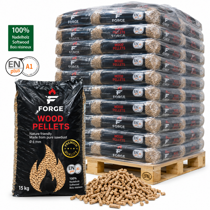 Forge Premium Holzpellets – 84 × 15 kg Palette (1260 kg) – 100 % Nadelholz, ENplus A1