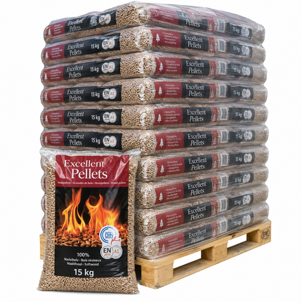 Excellent Holzpellets – 77 × 15 kg Palette (1.155 kg) – 100 % Nadelholz, ENplus A1 & DINplus