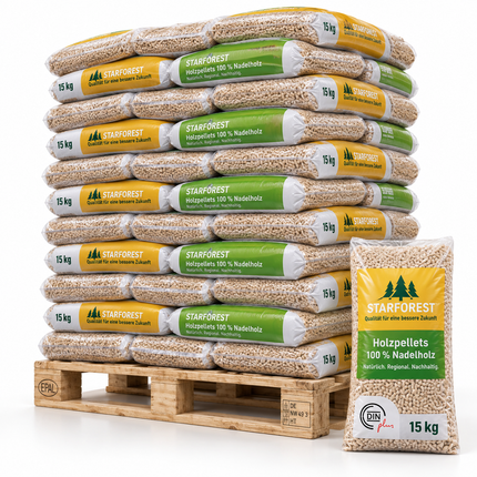 Starforest Holzpellets – 70 × 15 kg Palette (1.050 kg) – 100 % Nadelholz, DINplus