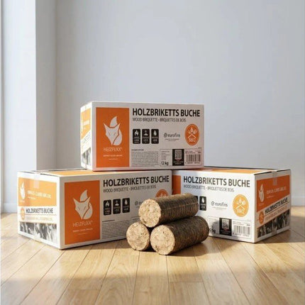 Heizfuxx Nestro M Holzbriketts Hartholz im Karton 12kg x 81 Karton 972kg Palette