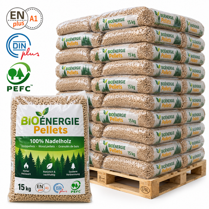 Bio Energie Holzpellets – 66 × 15 kg Palette – 100 % Nadelholz, ENplus A1 & DINplus & PEFC