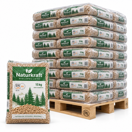 Naturkraft Holzpellets – 66 × 15 kg Palette (990 kg) – 100 % Nadelholz, ENplus A1 & DINplus