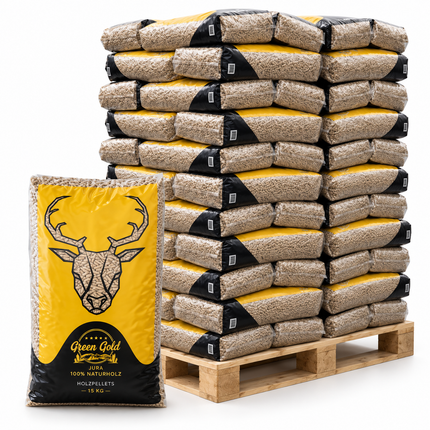 Green Gold Jura Holzpellets – 72 × 15 kg Palette (1.080 kg) – 100 % Nadelholz, DINplus & PEFC