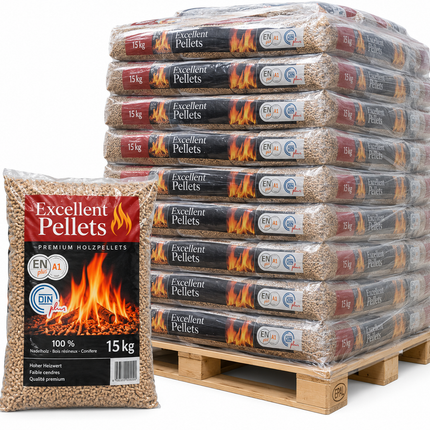 Excellent Holzpellets – 77 × 15 kg Palette (1.155 kg) – 100 % Nadelholz, ENplus A1 & DINplus