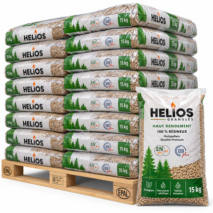 HELIOS Holzpellets – 65 × 15 kg Palette (975 kg) – 100 % Nadelholz, staubarm