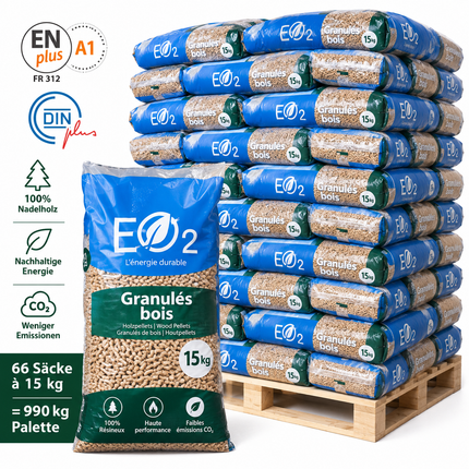 EO2 Holzpellets – 66 × 15 kg Palette (990 kg)